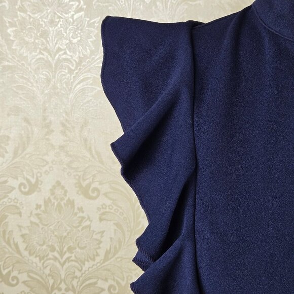 Knitee Size Small Navy Blue Sheath Dress Ruffles at Shoulders Split V Neck NWT - Picture 4 of 16